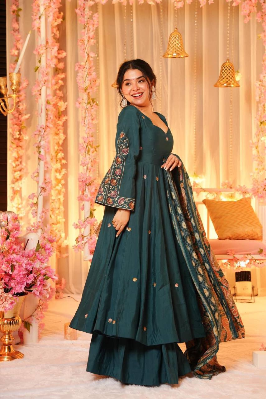 Ship From India! Varman Dresses For Women Party Wear Chinnion Silk Anarkali Gown, Pant & Dupatta Set With Embroidery Work, Listing ID: Ship From India! Varman Dresses For Women Party Wear Chinnion Silk Anarkali Gown, Pant & Dupatta Set With Embroidery Work, Listing ID: