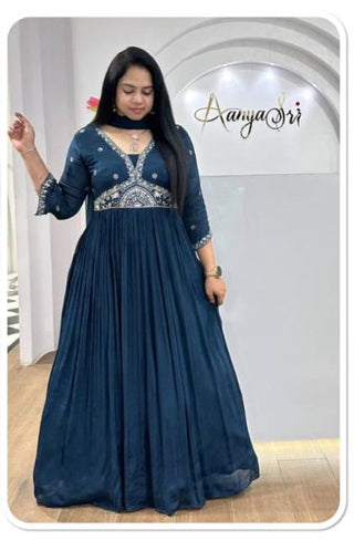 chinnion-silk-georgette-anarkali-long-gown-dupatta-with-yolk-embroidery-navy-blue