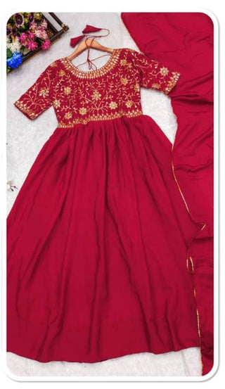 chinnion-silk-georgette-anarkali-long-gown-dupatta-with-yolk-embroidery-red