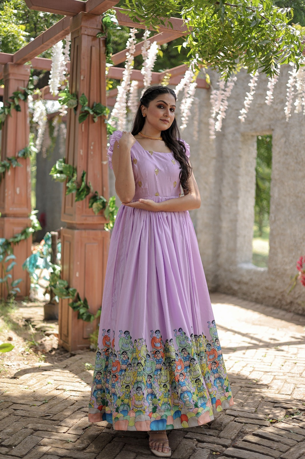 Ship from India! Beautiful Dola Silk Gown with Designer Print Work, Listing ID: PRE8729430032666 Lavender / M Ship from India! Beautiful Dola Silk Gown with Designer Print Work, Listing ID: PRE8729430032666 Lavender / M