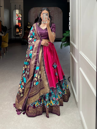        dola-silk-lehenga-blouse-dupatta-set-with-foil-print-lace-border-work-pink