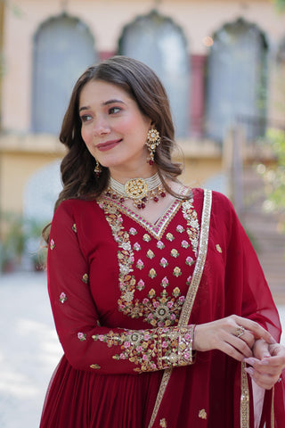 faux-blooming-georgette-long-gown-dupatta-set-with-rich-sequins-embroidered-work-color-maroon-4