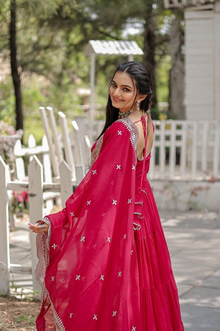 2-4 Days Delivery! Classic Faux Blooming Gown With Designer Dupatta With Sequins Embroidery Work, Listing ID: 9629658939674 Pink / M
