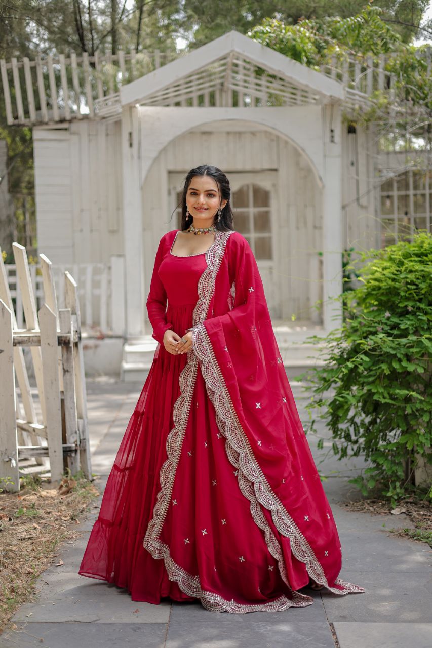 2-4 Days Delivery! Classic Faux Blooming Gown With Designer Dupatta With Sequins Embroidery Work, Listing ID: 9629658939674 Pink / M