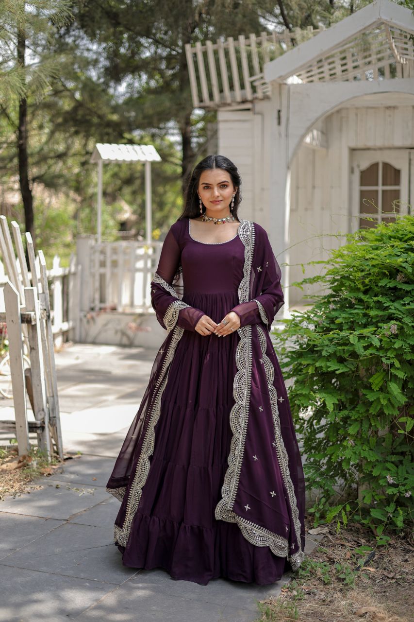 2-4 Days Delivery! Classic Faux Blooming Gown With Designer Dupatta With Sequins Embroidery Work, Listing ID: 9629658939674 Pink / M