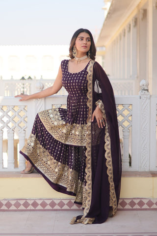 faux-georgette-kurti-gharara-dupatta-suit-with-sequins-thread-embroidery-work-color-purple-4