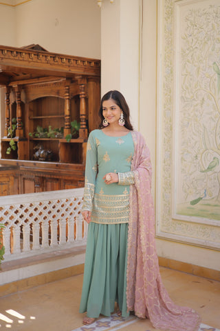 faux-georgette-kurti-plazzo-dupatta-set-with-sequins-thread-embroidery-work-color-green-2
