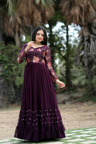 faux_blooming_frill_stitch_full_sleeves_gown_with_embroidery_sequins_work_wine_1