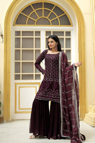 georgette-kurti-sharara-dupatta-set-with-zigzag-line-sequins-thread-embroidery-work-color-wine-1
