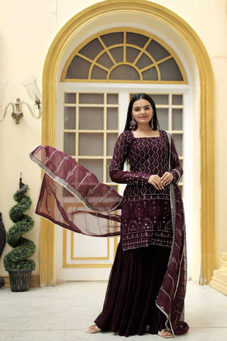 georgette-kurti-sharara-dupatta-set-with-zigzag-line-sequins-thread-embroidery-work-color-wine-4