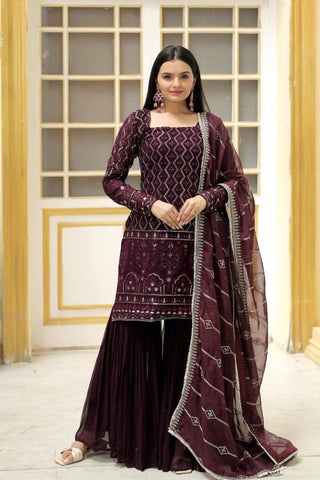  georgette-kurti-sharara-dupatta-set-with-zigzag-line-sequins-thread-embroidery-work-color-wine-5