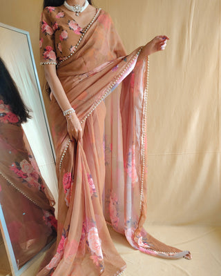 georgette-saree-with-print-pearl-lace-border-work-color-brown