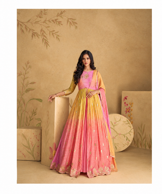 SAYURI DESIGNER PINK WITH YELLOW BLENDED CHINON SILK LEHENGA SUIT