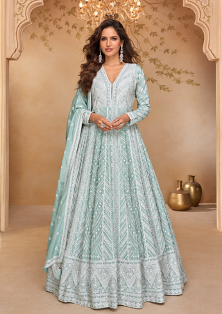 VARMAN DESIGNER LEHENGA FOR WOMEN READY TO PARTY WEAR FLORAL GREEN CHINON SILK GORGEOUS SUIT WITH DUPATTA FULLY STITCHED