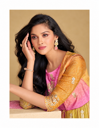 SAYURI DESIGNER PINK WITH YELLOW BLENDED CHINON SILK LEHENGA SUIT