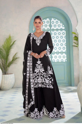 GULKARYA MEHER DESIGNER BLACK CHINON SALWAR SUIT,     ID  : 72177720331402332