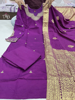 heavy-banana-chanderi-silk-kurti-pant-dupatta-suit-set-with-hand-embroidery-zari-weaving-work-color-purple-2