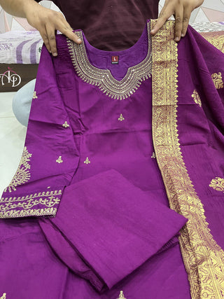 heavy-banana-chanderi-silk-kurti-pant-dupatta-suit-set-with-hand-embroidery-zari-weaving-work-color-purple-4