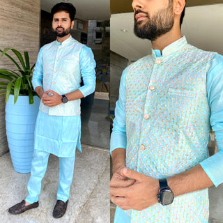 heavy-banglori-silk-men-kurta-pyjama-koti-set-embroidery-sequence-work-color-blue