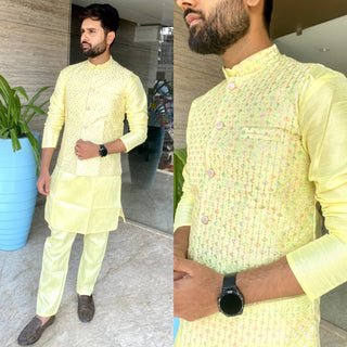 heavy-banglori-silk-men-kurta-pyjama-koti-set-embroidery-sequence-work-color-yellow
