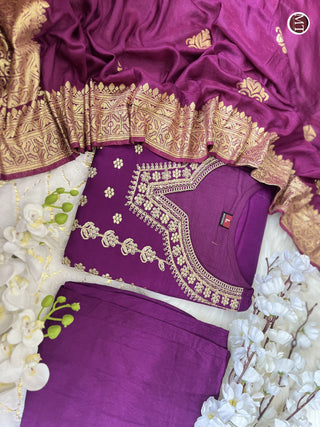 heavy-chanderi-silk-kurti-pant-dupatta-set-embroidery-zari-jacquard-print-work-color-purple-12