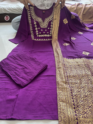 heavy-chanderi-silk-kurti-pant-dupatta-set-embroidery-zari-jacquard-print-work-color-purple-6