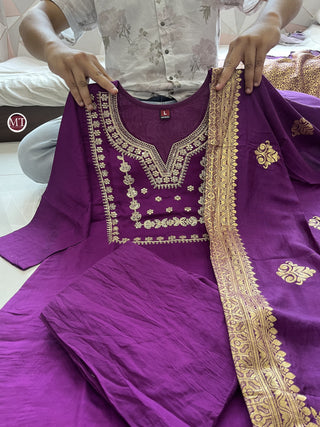 heavy-chanderi-silk-kurti-pant-dupatta-set-embroidery-zari-jacquard-print-work-color-purple-7