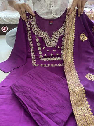 heavy-chanderi-silk-kurti-pant-dupatta-set-embroidery-zari-jacquard-print-work-color-purple-8