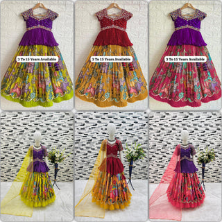 Ship From India! Lehenga, Kediya Style Choli, Dupatta Set Girls Ready to Wear Heavy Chinon Digital Print Embroidery Sequence Work, Listing ID: PRE9872317088026