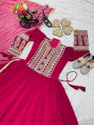 heavy-fox-georgette-girls-gown-dupatta-set-embroidery-sequence-work-color-rani-2