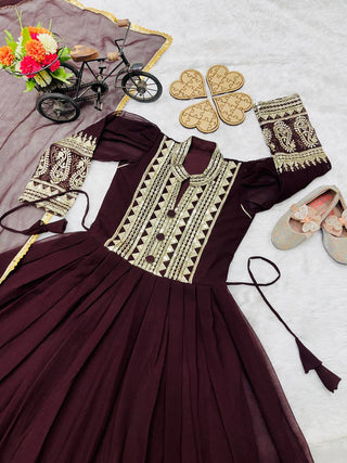 heavy-fox-georgette-girls-gown-dupatta-set-with-embroidery-sequence-work-color-dark-brown-4
