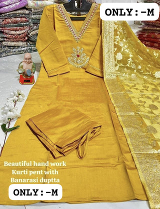 heavy-pure-muslin-viscose-kurti-pant-dupatta-set-with-hand-embroidery-jacquard-work-color-gold