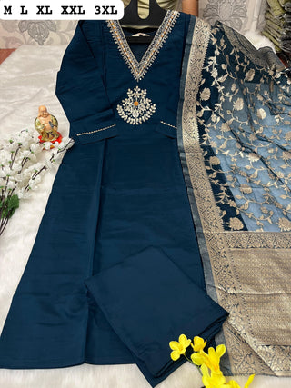 heavy-pure-muslin-viscose-kurti-pant-dupatta-set-with-hand-embroidery-jacquard-work-color-navy-blue-1
