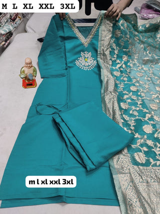 heavy-pure-muslin-viscose-kurti-pant-dupatta-set-with-hand-embroidery-jacquard-work-color-teal