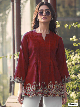 heavy-rayon-slub-short-length-kurti-with-embroidery-cut-work-color-maroon