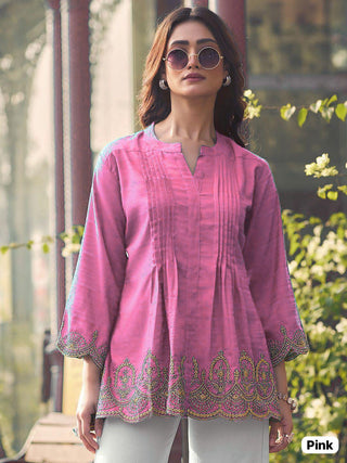heavy-rayon-slub-short-length-kurti-with-embroidery-cut-work-color-pink