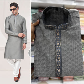 heavy-silk-men-kurta-pyjama-set-jacquard-embroidery-work-color-grey