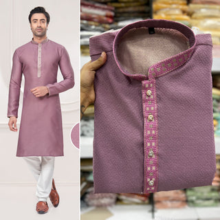 heavy-silk-men-kurta-pyjama-set-jacquard-embroidery-work-color-lavender