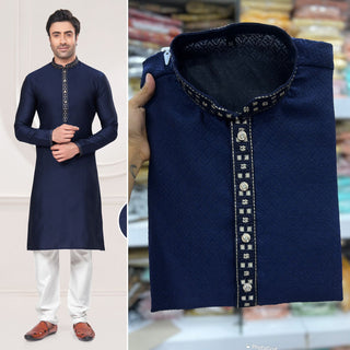 heavy-silk-men-kurta-pyjama-set-jacquard-embroidery-work-color-navy-blue