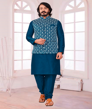 2-3 Days Delivery! Gents Pure Art Silk Kurta & Pyjamas  With Nehru Coat Mirror Work, Item Code-GSKP224250665