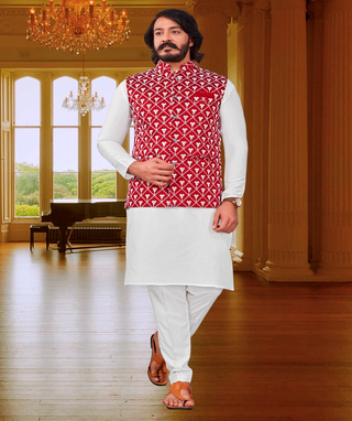 White Color Gents Pure Art Silk Kurta & Pyjamas With Nehru Coat (Mirror Work)