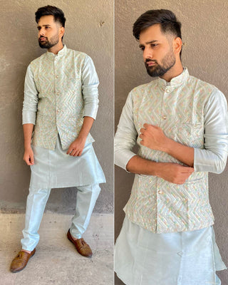 Varman Indian Men Kurta Pyjama Ready to Wear Banglori Silk and Sequins Koti Party Wear, Listing ID: PRE8956208578842