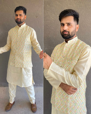 Varman Indian Men Kurta Pyjama Ready to Wear Banglori Silk and Sequins Koti Party Wear, Listing ID: PRE8956208578842