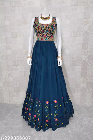 2-3 Days Delivery! Dresses For Women Party Wear Gown Kurtis Suit Georgette with Embroidery Work Traditional Blue Color, Listing ID: 8957746282778