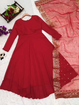 Varman Dresses For Women Party Wear Gown Kurtis Suit Georgette with Canva Patta at Neckline Red Color, Listing ID: PRE8934156173594