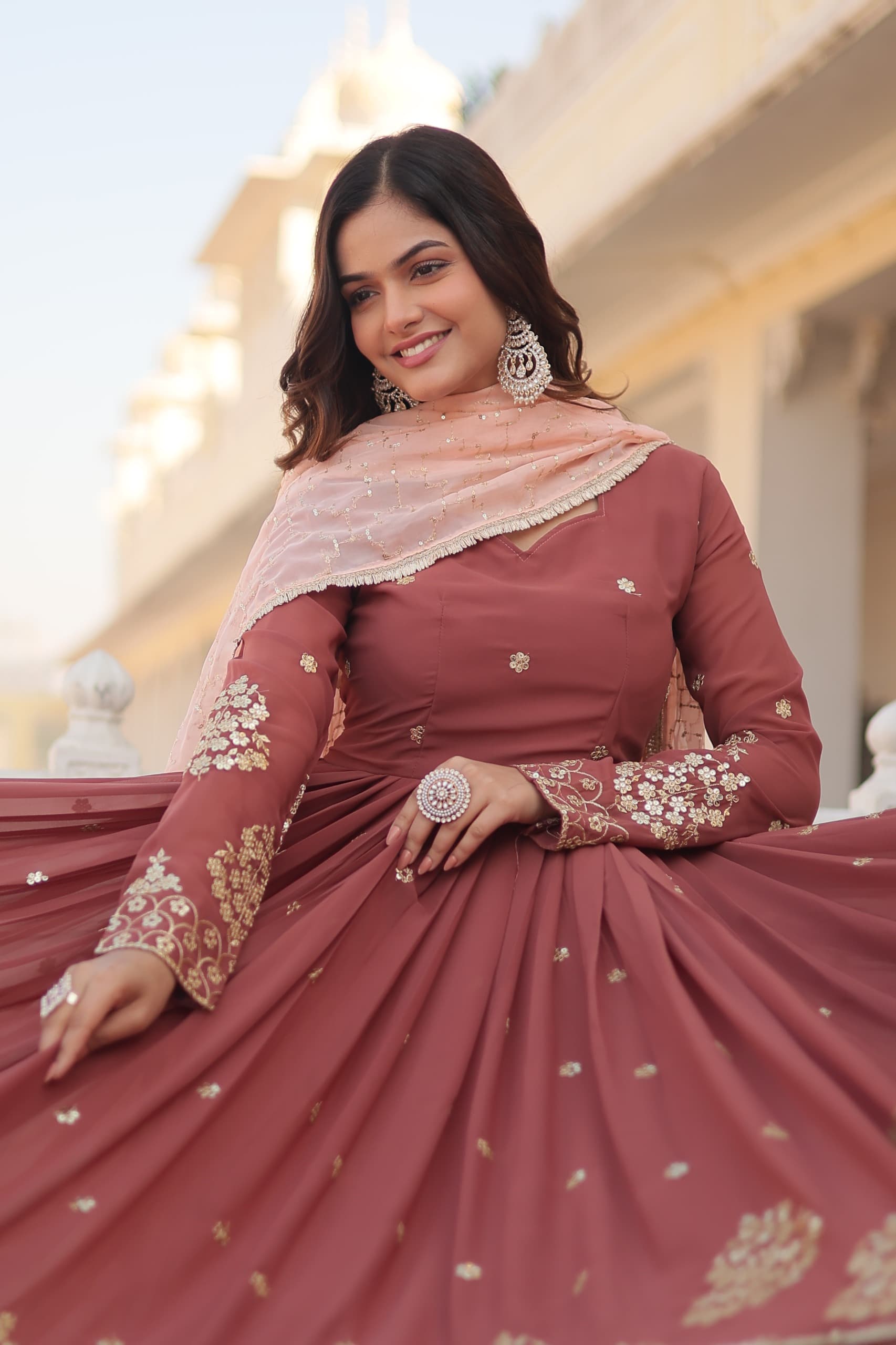 2-4 Days Delivery! Dresses For Women Party Wear Gown Kurtis Suit Georgette with Zari Thread, Sequins Embroidery Brown Color, Listing ID: 9436050293018 2-4 Days Delivery! Dresses For Women Party Wear Gown Kurtis Suit Georgette with Zari Thread, Sequins Embroidery Brown Color, Listing ID: 9436050293018