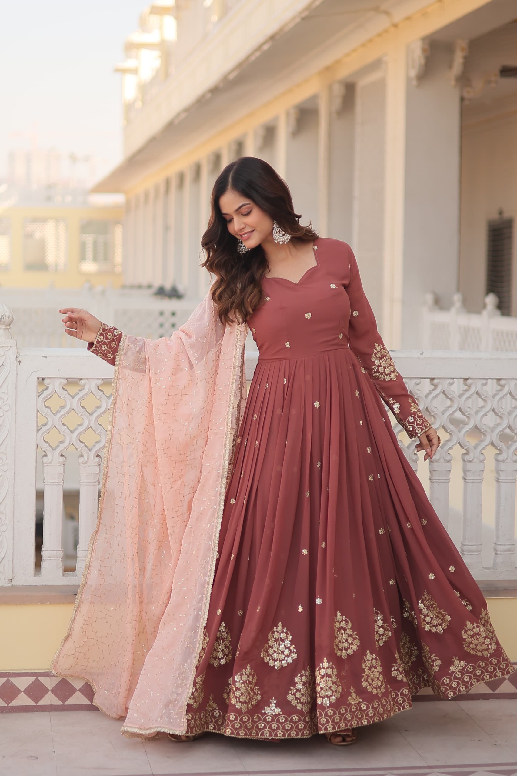 Ship From India! Varman Dresses For Women Party Wear Gown Kurtis Suit Georgette with Zari Thread, Sequins Embroidery Brown Color, Listing ID: Ship From India! Varman Dresses For Women Party Wear Gown Kurtis Suit Georgette with Zari Thread, Sequins Embroidery Brown Color, Listing ID: