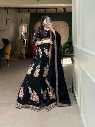Varman Lehenga For Women Ready To Wear Lehenga Choli Georgette Sequins, Thread Embroidery Party Wear Black Color Fully Stitched Blouse, Listing ID: PRE8944241246490