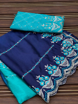 indian-women-saree-stitched-blouse-chinnon-silk-blue