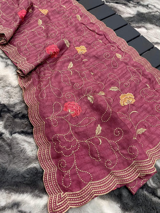 Varman Pure tussar silk sarees with embroidery jaal  and floral design and cutwork on the border, Listing ID: PRE8969143583002
